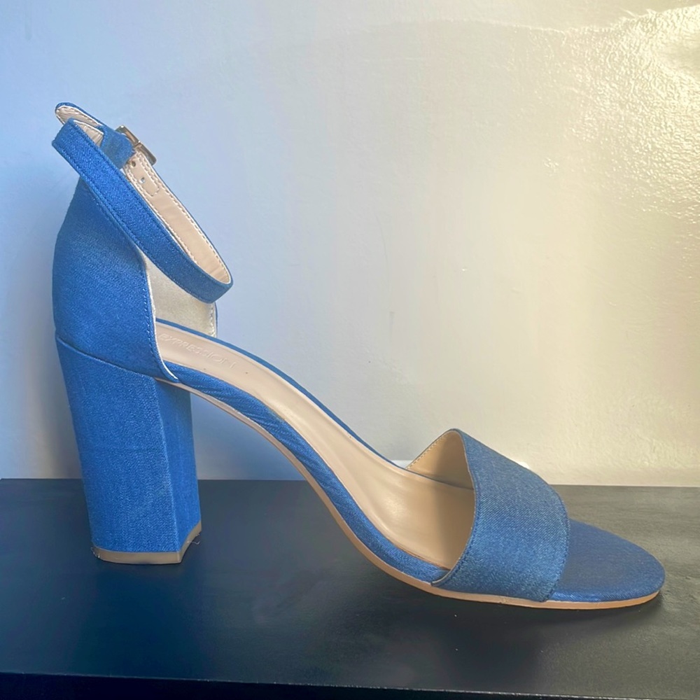 Expression block heel open toe ankle strap denim